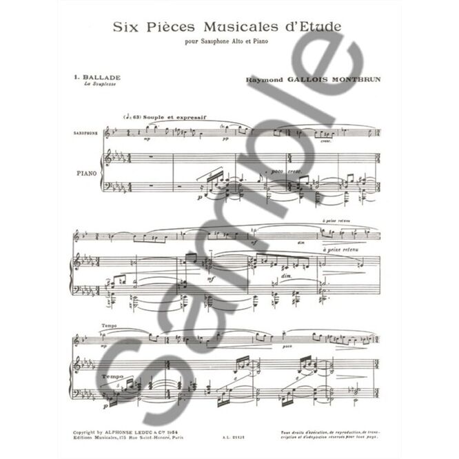 GALLOIS MONTBRUN, RAYMOND.- SIX PIÈCES MUSICALES DÉTUDE SAMPLE